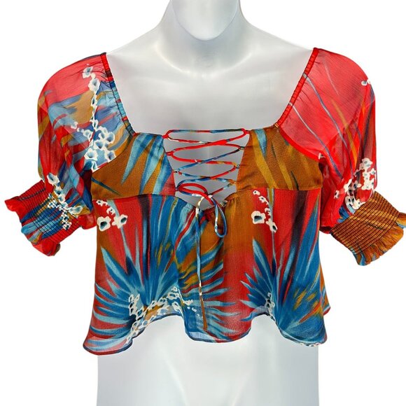 Walter Baker Short Sleeve Drea Top Rio Palm Multicolor Size S Self Tie Back - Picture 6 of 11